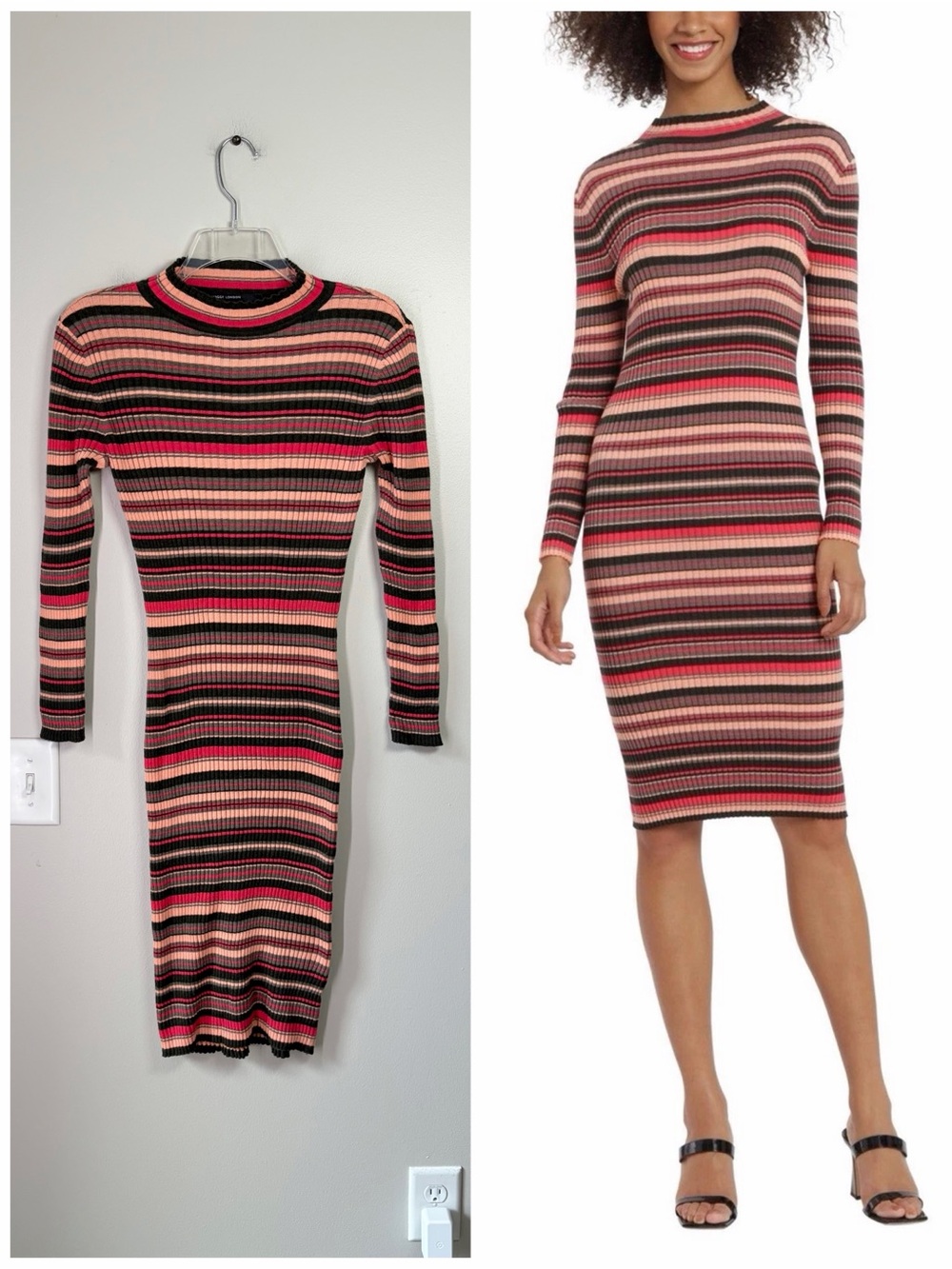 Maggy London Striped Mock Neck Fitted Long Sleeve Ribbed Knit Sweater Midi Dress
